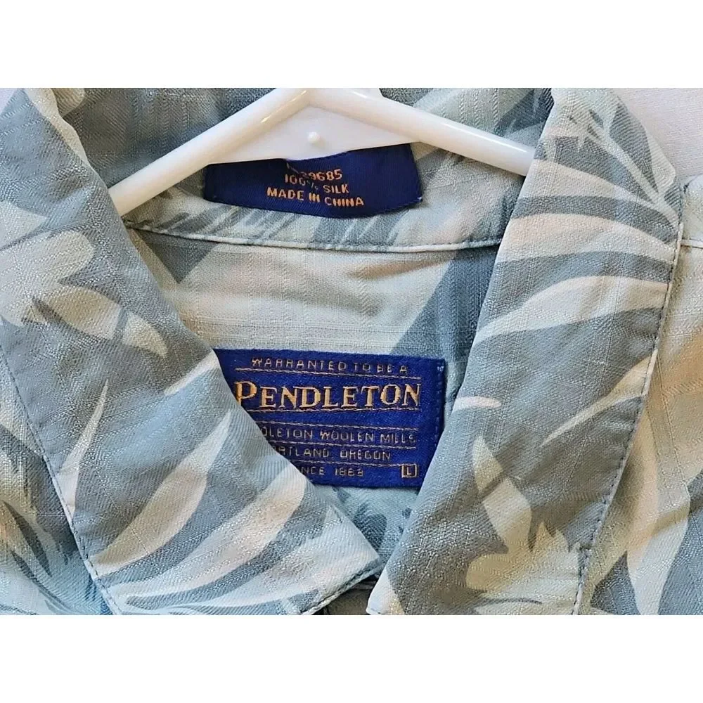Pendleton‎ Shirt Mens Large Teal 100% Silk Loop Collar Camp Hawaiian Floral
